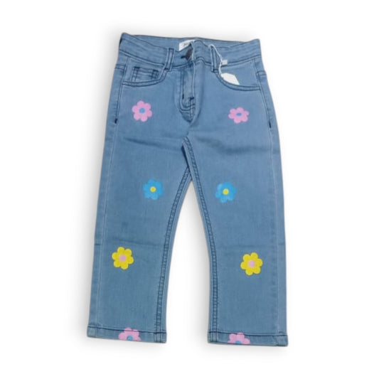 Girls Light Blue Embroidered Denim Pant